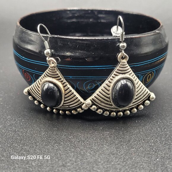 Moroccan Earrings Silver and Oynx - Picture 1 of 7